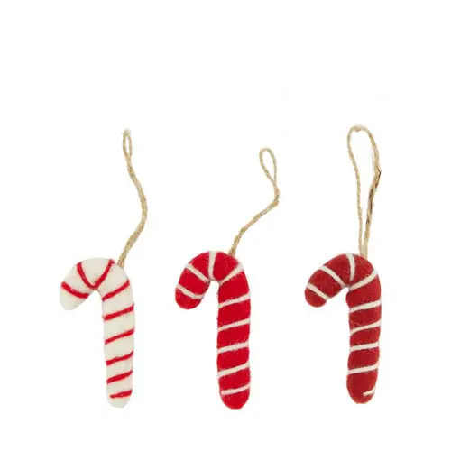 Décoration à suspendre forme canne en laine rouge et blanche - 4 x 8 cm