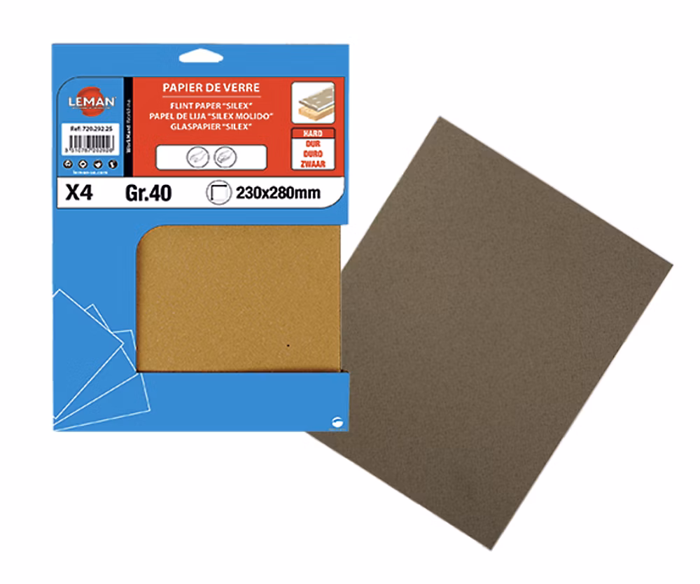 8 feuilles papier de verre 230x280 gr 40 par 15 lots – pv.086 | leman