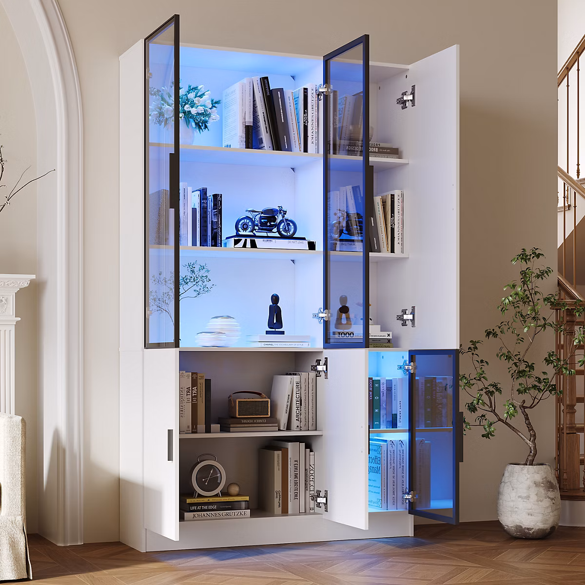 Buffet Vitrine avec Portes en Verre et Éclairage LED 16 Couleurs – Étagères de Rangement | Cadre Aluminium | Blanc | 120 × 35 × 200 cm