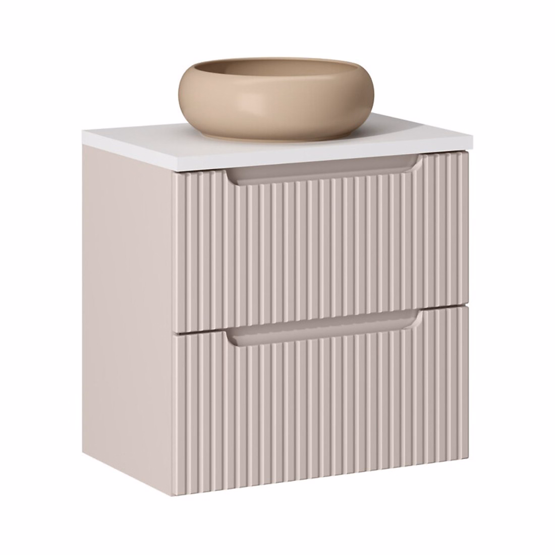 Meuble vasque – Ensemble VANO cachemire et blanc 60cm : meuble sous vasque à tiroirs et plan pour vasque et vasque à poser marron cappuccino
