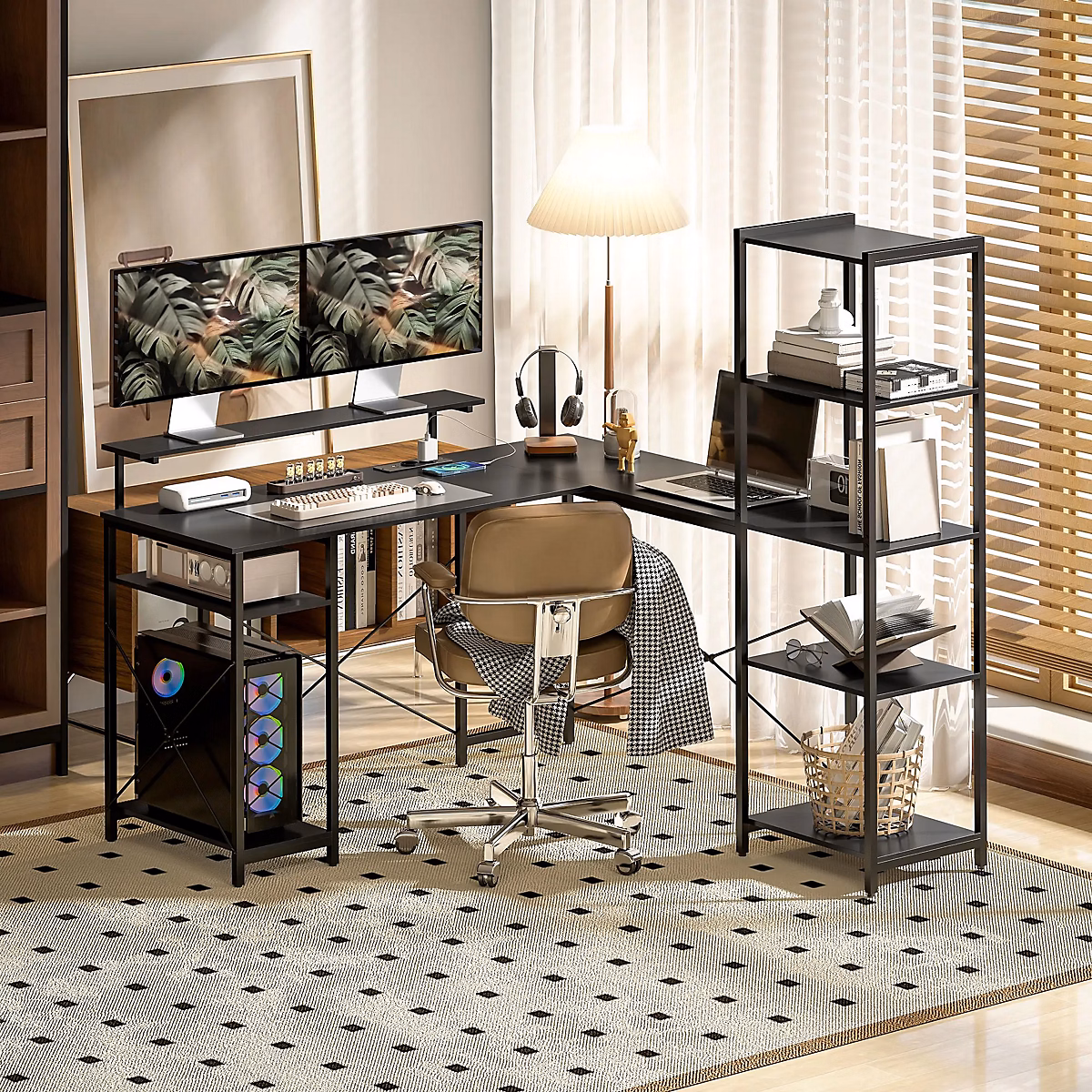 Bureau d'angle – Bureau d'ordinateur avec 6 Étagères et Support Moniteur, USB et Prise, Métal, Noir, 137x140x139, 5 cm