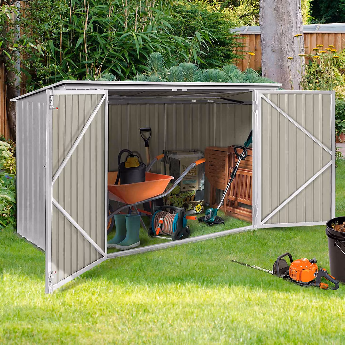 Abri de jardin en métal gris clair verrouillable multi – rangement stockage vélos | outils | poubelles