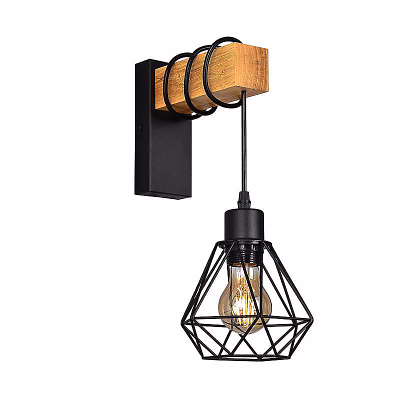 Applique murale en bois vintage avec abat – jour en cage noire et douille suspendue E27 pour salon et couloir