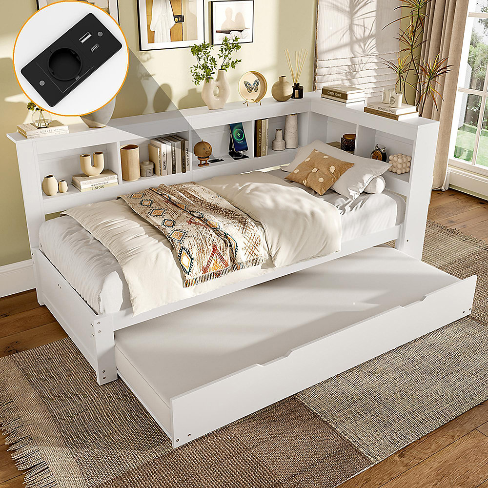 Canapé-lit gigogne 90 × 200 cm – prises + USB, panneau particules, blanc