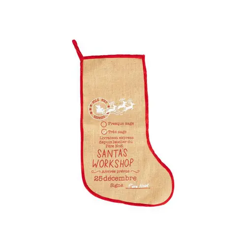 Chaussette de Noël à suspendre en jute décor postal rouge et blanc - 20 x 52 cm