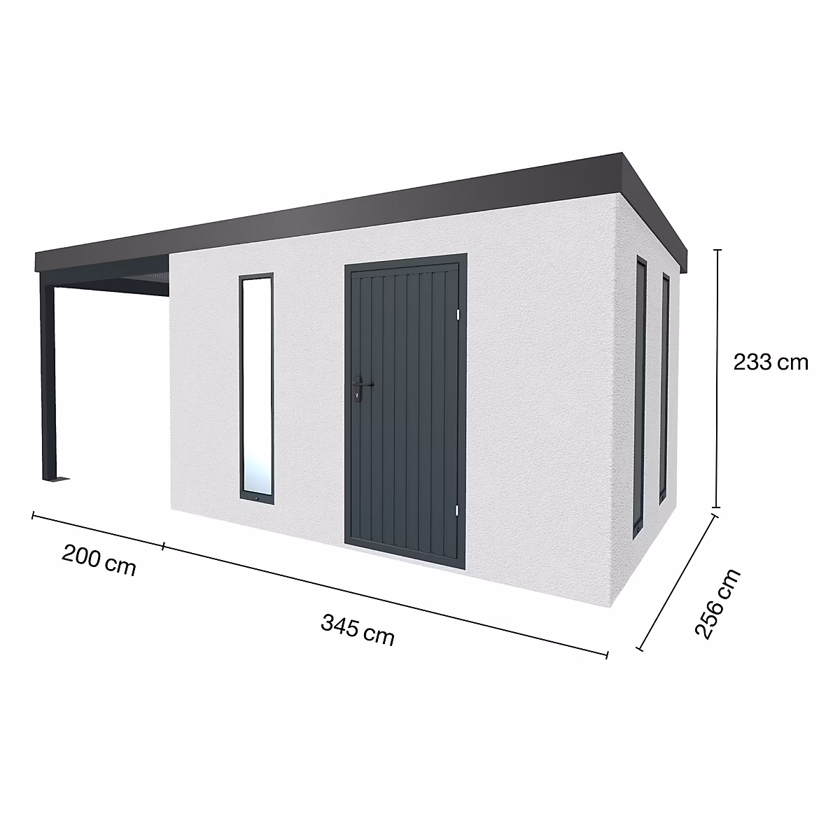 Abri de jardin en métal finition crépi 3450 × 2560 mm blanc avec auvent à gauche 2000 × 2560 mm anthracite
