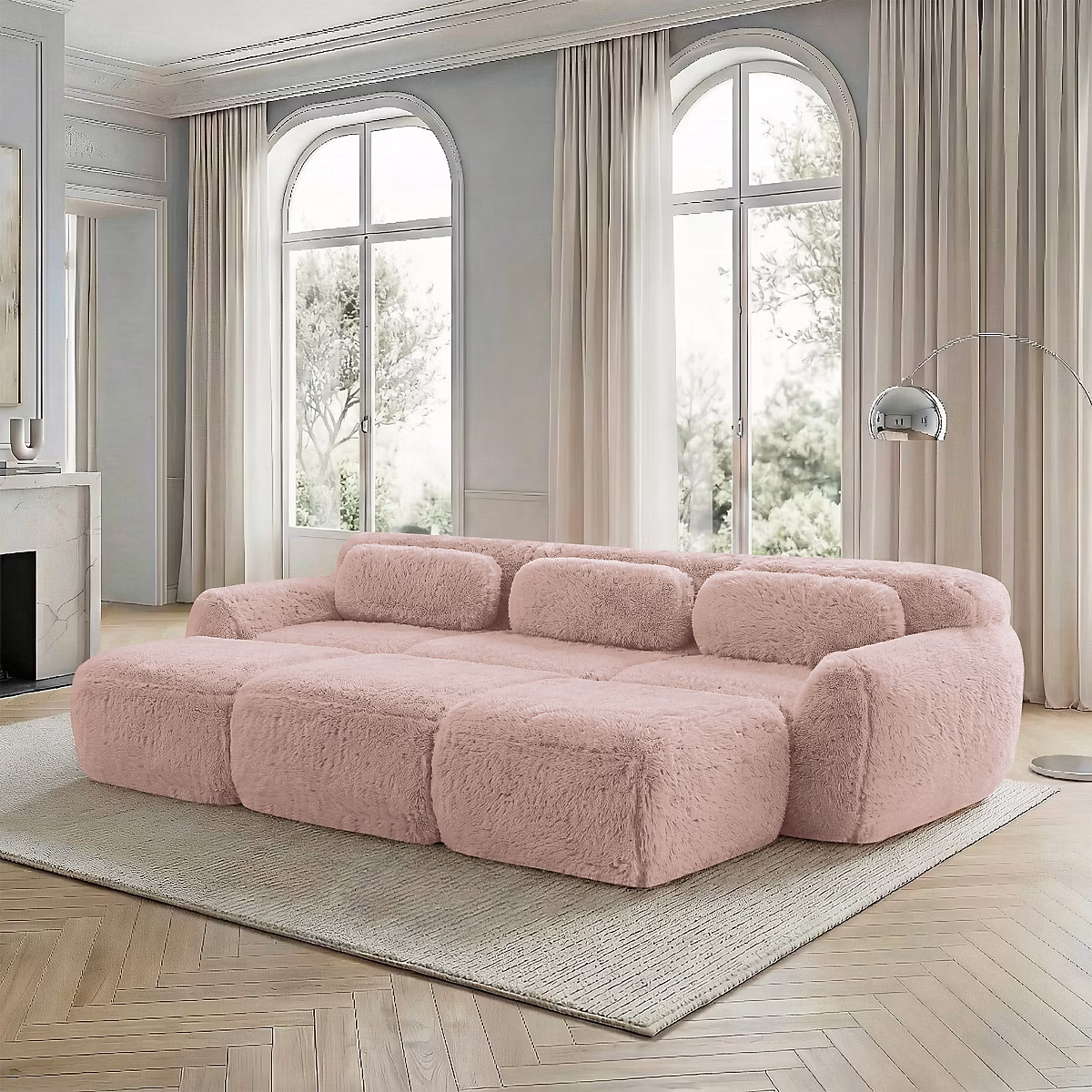 Canapé modulaire | 3 places – rose – 3 ottomans