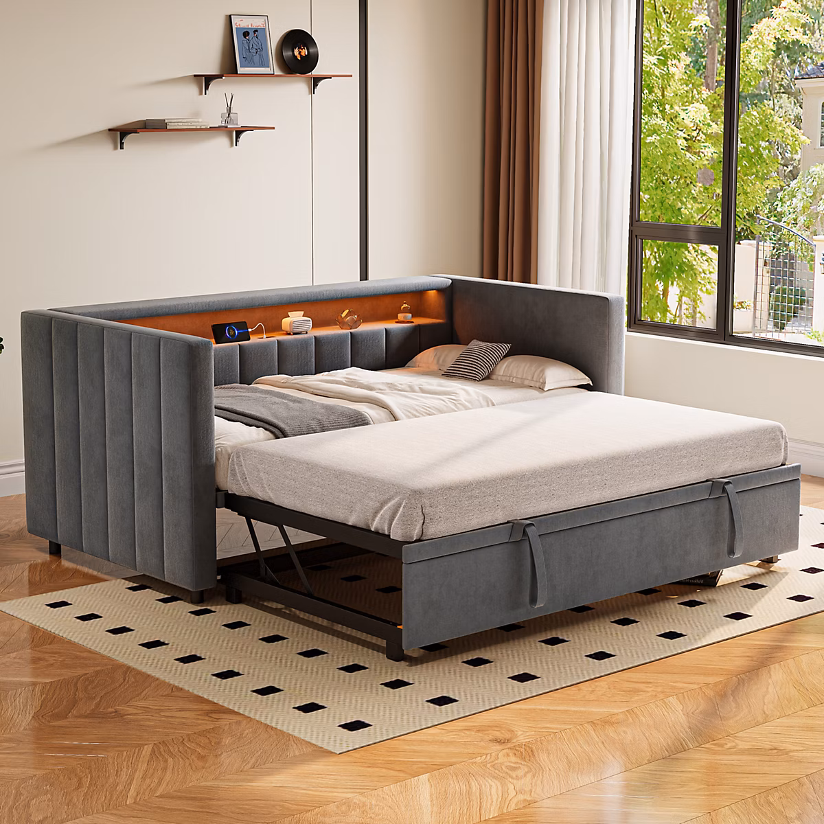 Canapé-lit 90 × 190 cm en velours gris foncé avec lit gigogne – LED et USB-C