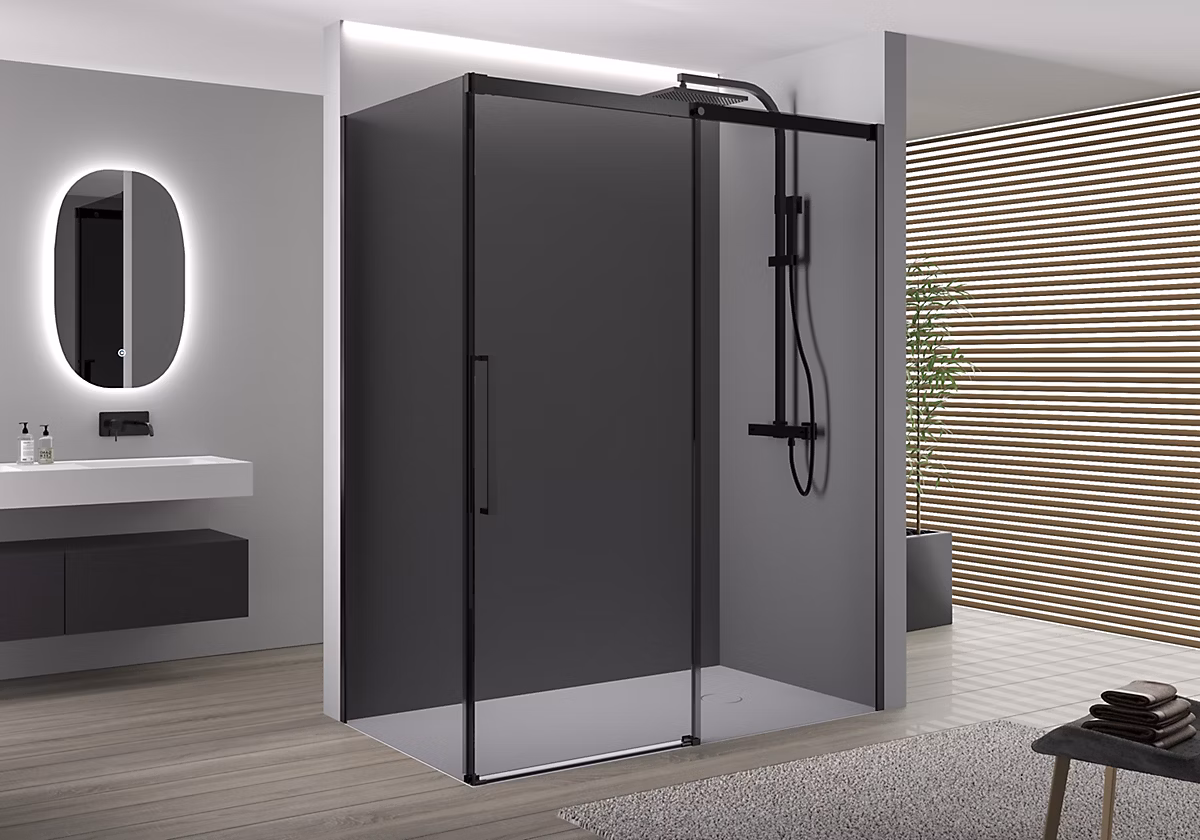 Cabine de douche d'angle 160 × 90 × 195cm (LxPxH) verre 8mm – 1 porte coulissante | Profilé noir mat | DX906 FLEX