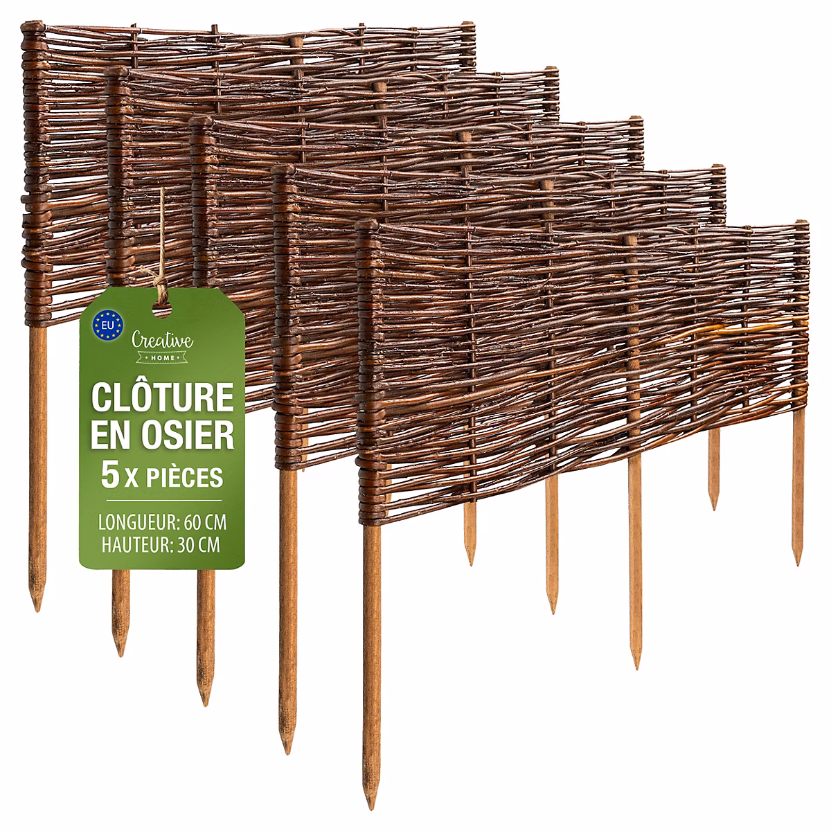 Creative Home Bordures de Jardin en Saule 60 × 30 cm (+/ | 1 cm) – Clôture Décorative – Bordure de Parterre et de Pelouse – lot de 5