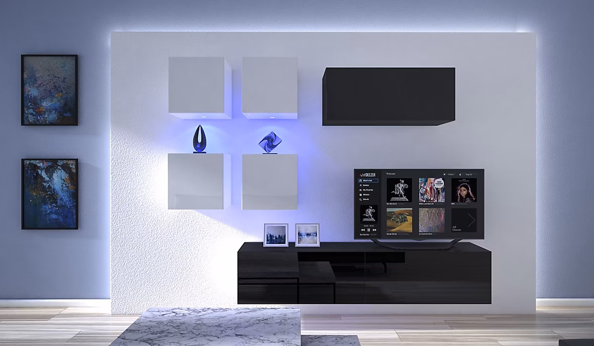 Ensemble meuble TV NEXT 200 AN200 | 17BW – HG22 – 1A noir – blanc brillant 200 cm