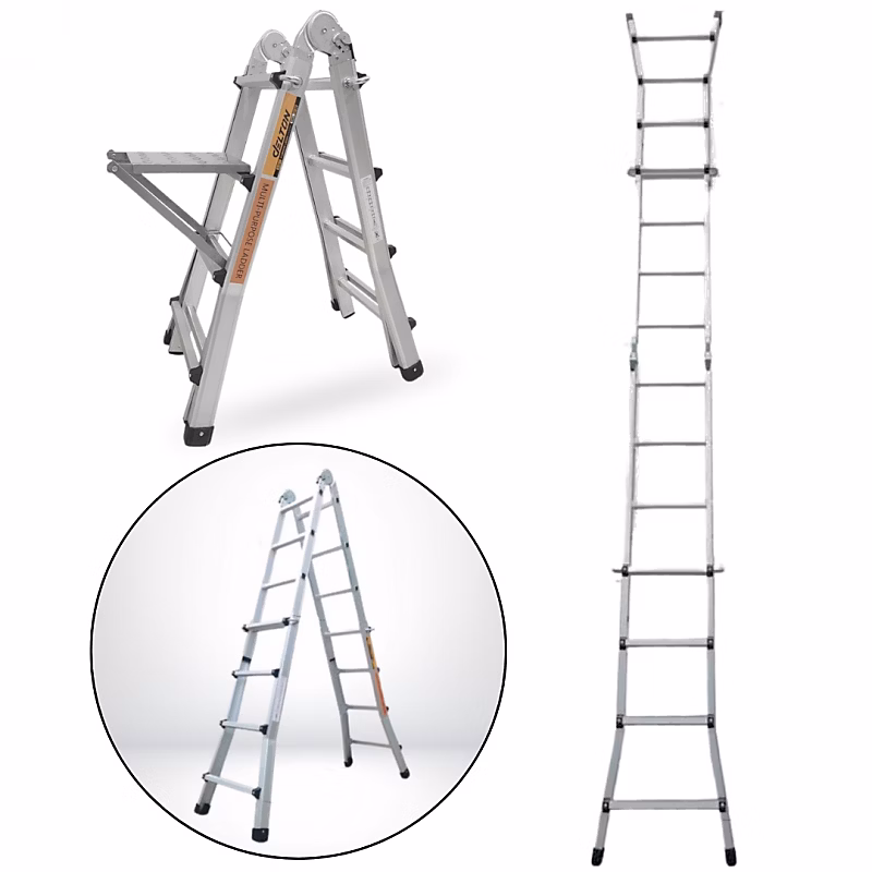 Échelle articulée pliante et télescopique en aluminium 4 × 4 marches 3 – 88m + 1 tablette