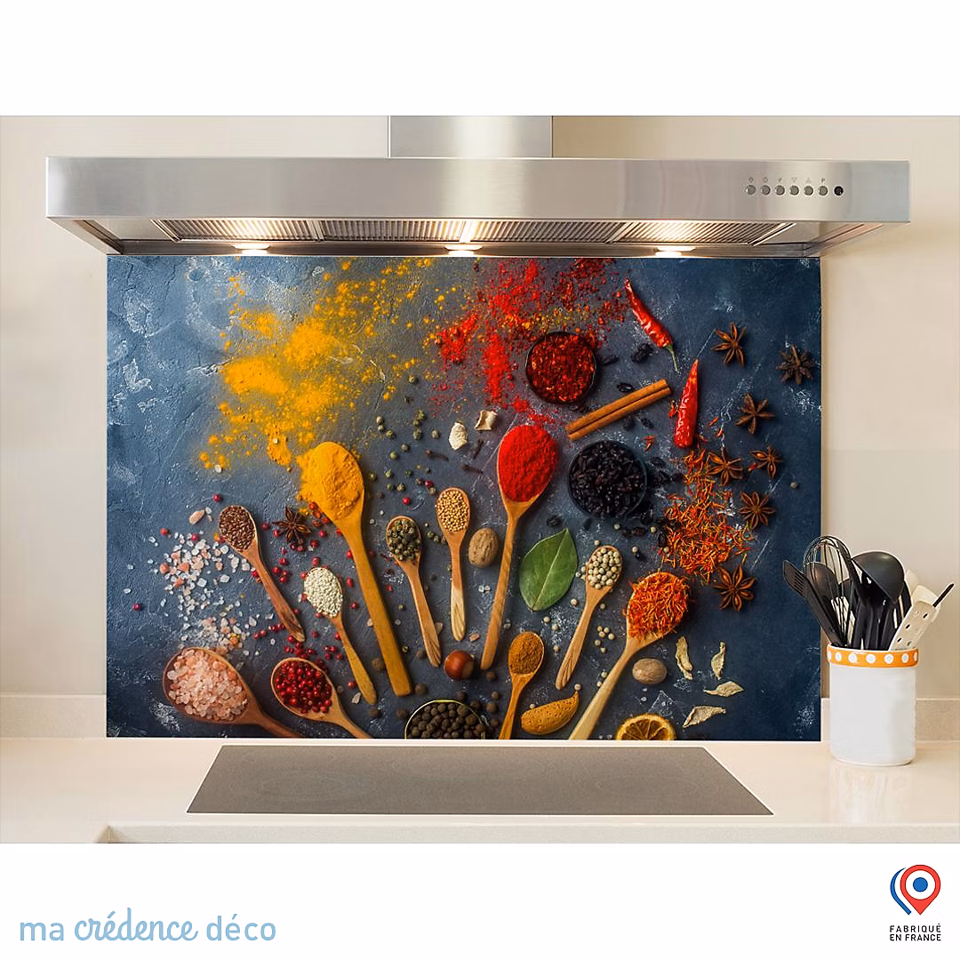 Crédence cuisine fond de hotte Epices et cuillères 4 – Verre trempé, L 90 cm x H 50 cm, MaCrédenceDéco