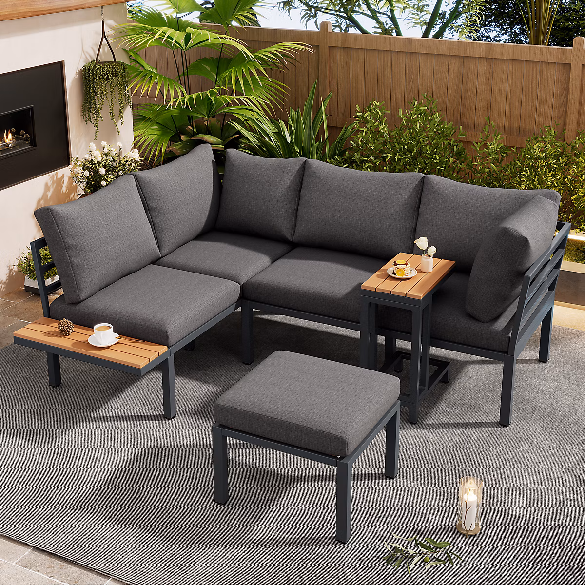 Ensemble de salon de jardin exterieur | canapé – table d'appoint – repose – pieds – tube en acier galvanisé – plateau en bois plastique – gris