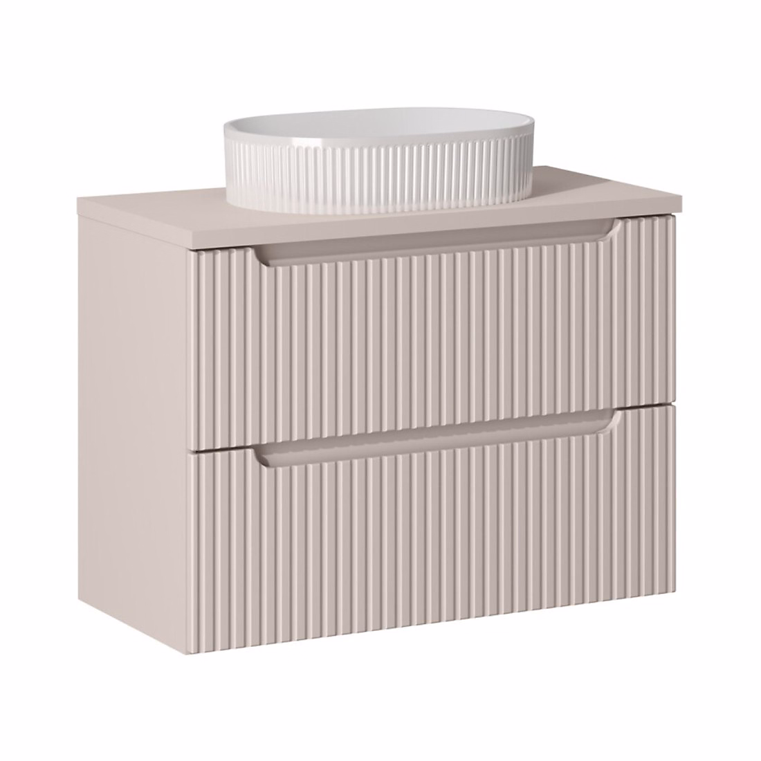 Meuble vasque – Ensemble VANO cachemire mat 80cm : meuble sous vasque à tiroirs et plan pour vasque et vasque à poser rainurée blanche
