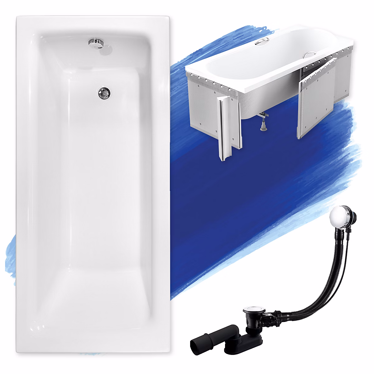Baignoire rectangulaire 130 x 70 TALIA acrylique blanc + Habillage en polystyrène + Pieds + Vidage à chromé | Baignoire