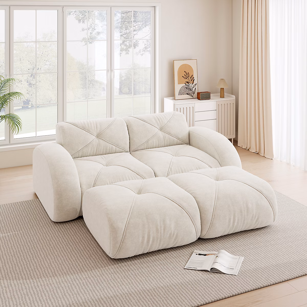 Canapé modulaire 2 places – blanc, 2 tabourets inclus, sans montage