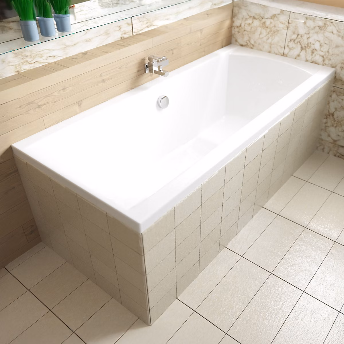 Baignoire rectangulaire 180 × 80 INES acrylique blanc + Habillage en polystyrène + Pieds + Vidage à chromé