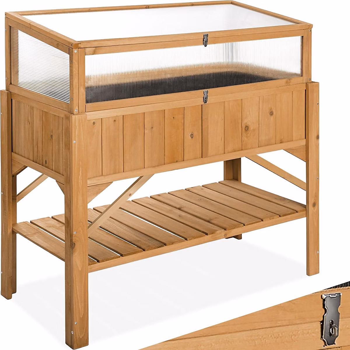 Carré Potager de Jardin sur Pied surélevé en Bois – Bac à Semis avec Rangement pour les Outils, Mini Serre Châssis Incluse