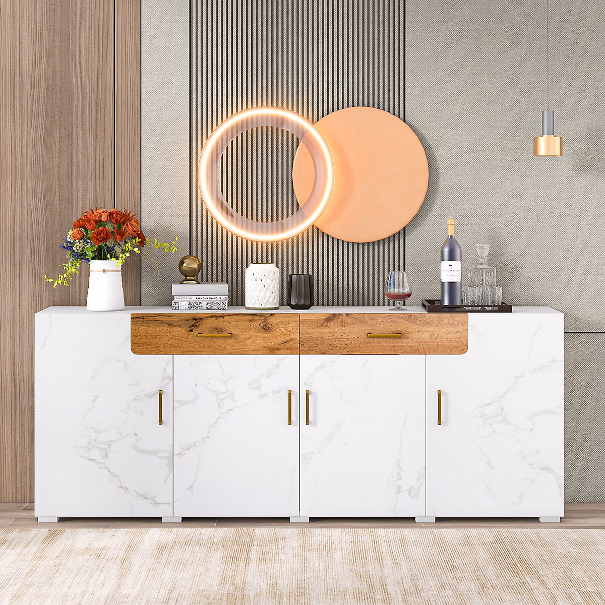 Meuble – Buffet 208 cm blanc marbré avec 4 portes et 2 tiroirs