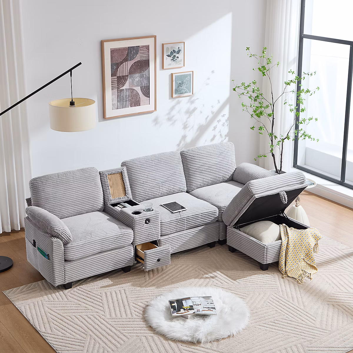 Canapé en velours cordé – Grand,Confort mousse,Console amovible,USB-C