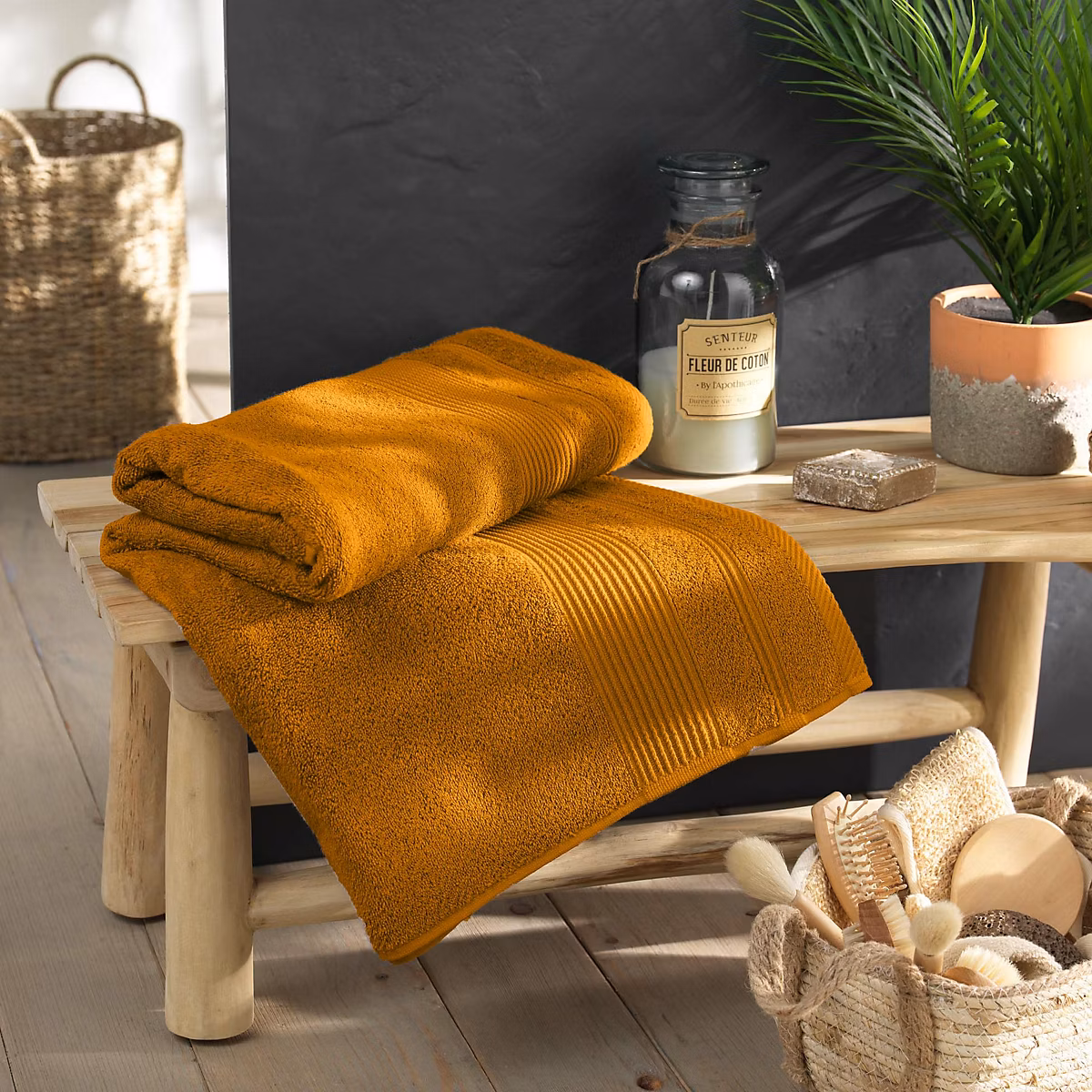 Drap de bain 90 × 150 cm Coton éponge uni Tendresse Curry 500 g/m²
