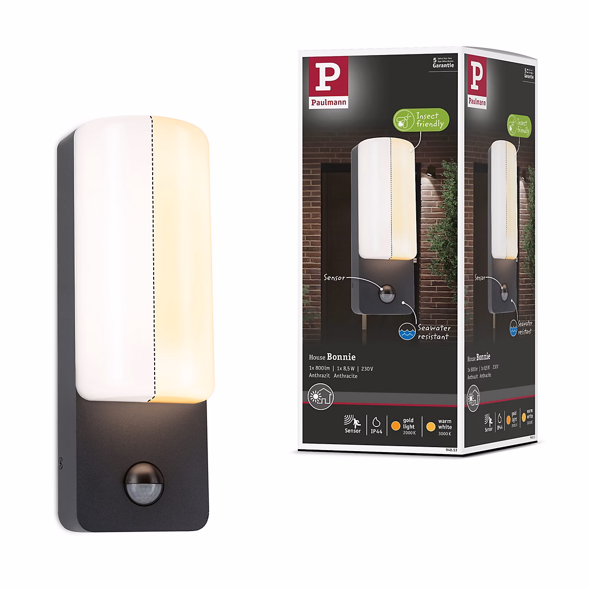 Applique d'extérieur LED Bonnie Détecteur de mouvement crépusculaire (IR) favorable aux insectes IP44 93 × 263 mm 2200 – 3000K 8, 5W