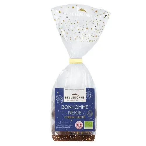 Bonbon bonhomme de neige cœur lacté chocolat au lait bio Belledonne - 120 g