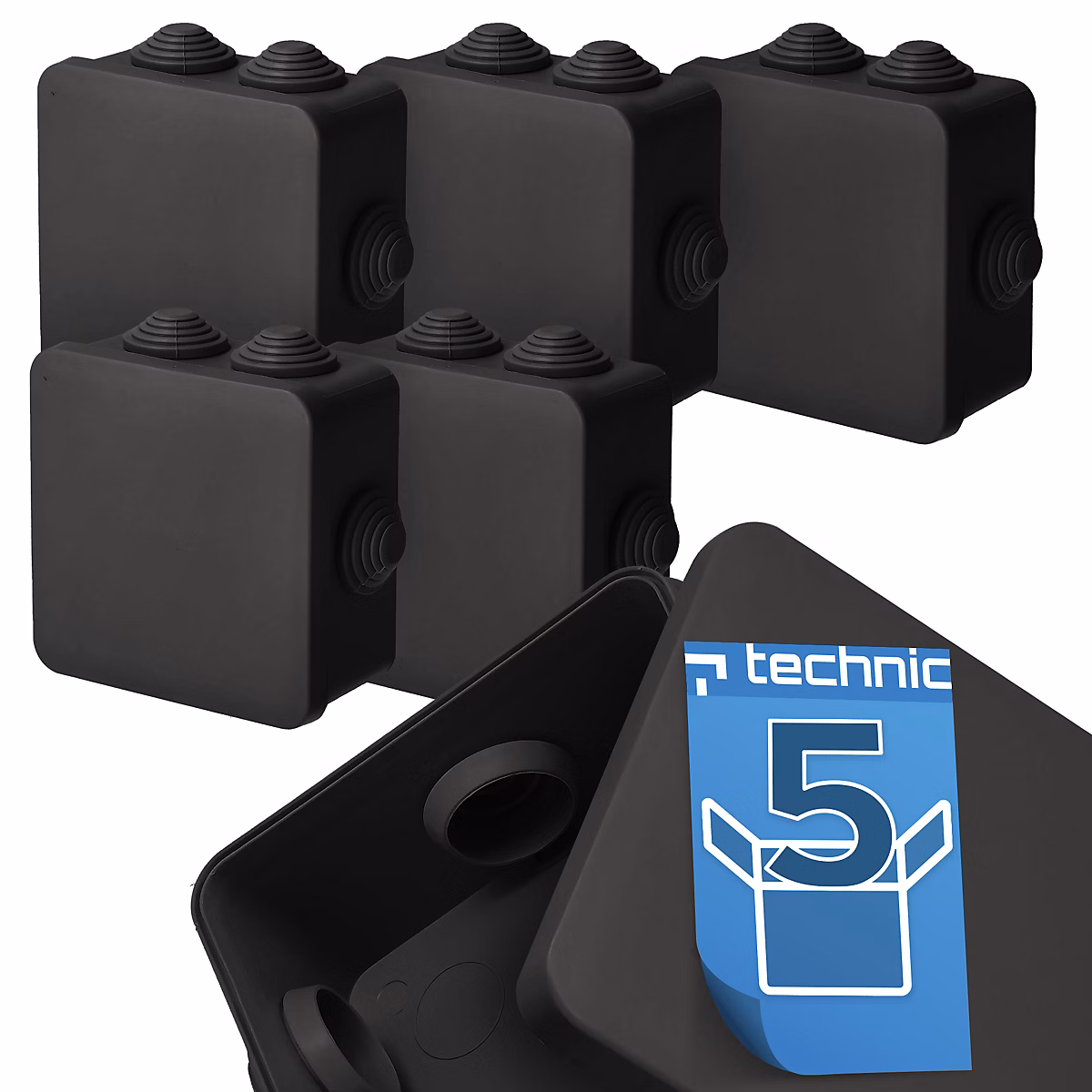 Boîte étanche en saillie avec presse-étoupes – résistante aux UV, fermeture à clipser, 109 × 109 × 57 mm, IP55, noir, lot de 5 pièces