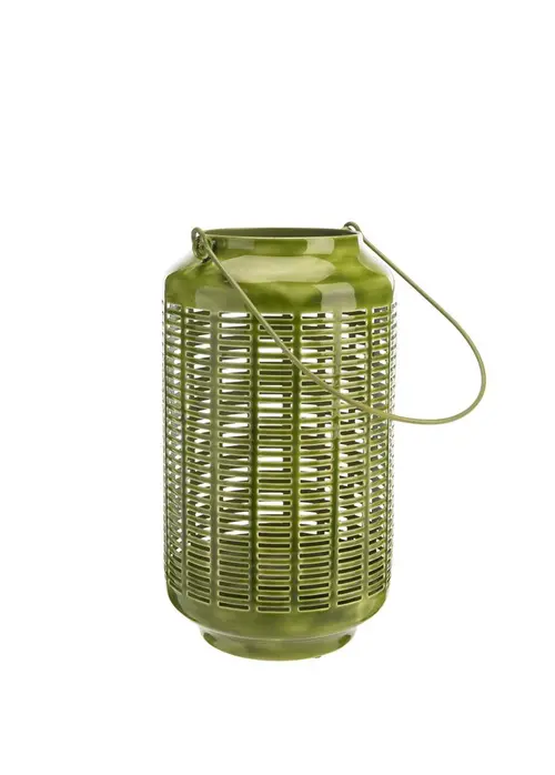 Lanterne en métal émaillé décor lignes coloris vert - 15,5 x 23 x 27 cm