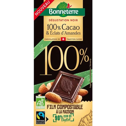 Tablette de chocolat 100 % cacao et amandes bio Bonneterre - 90 g