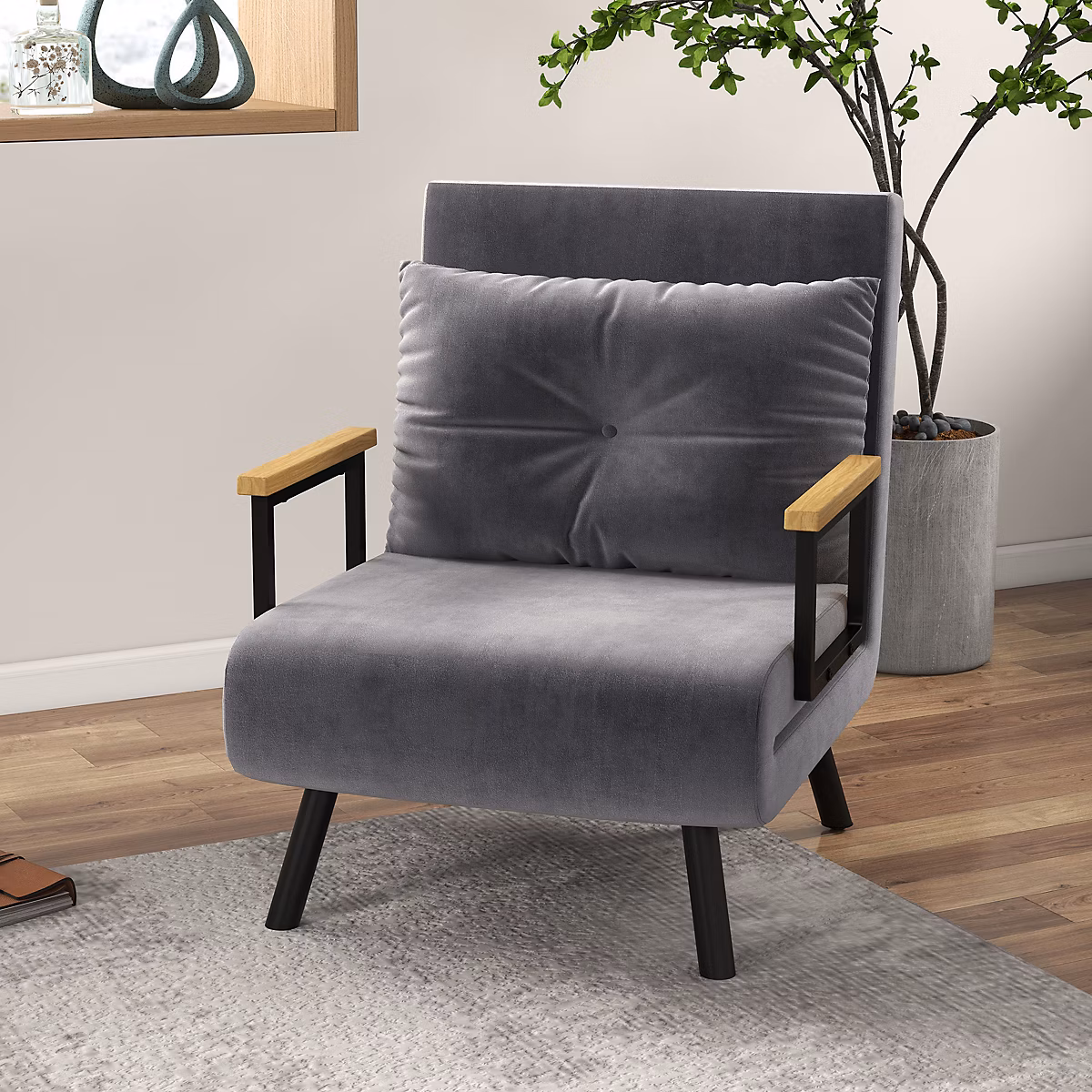 Canapé 1 place convertible | dossier 5 positions – tissu velours gris – structure métal – 63 × 73 × 81 cm