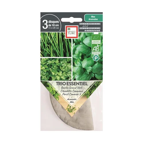Graines présemées de Trio essentiel bio Basilic Ciboulette Persil Ernest Turc - 3 ronds de 10 cm