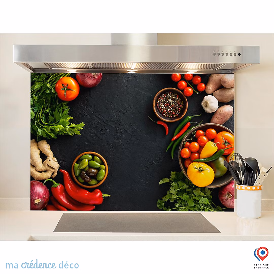 Crédence cuisine fond de hotte Légumes sur ardoise | Verre trempé – L 90 cm x H 60 cm – MaCrédenceDéco