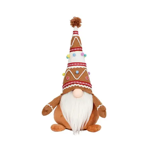 Gnome en polyester façon pain d’épice marron et blanc assis grand modèle - 48 cm