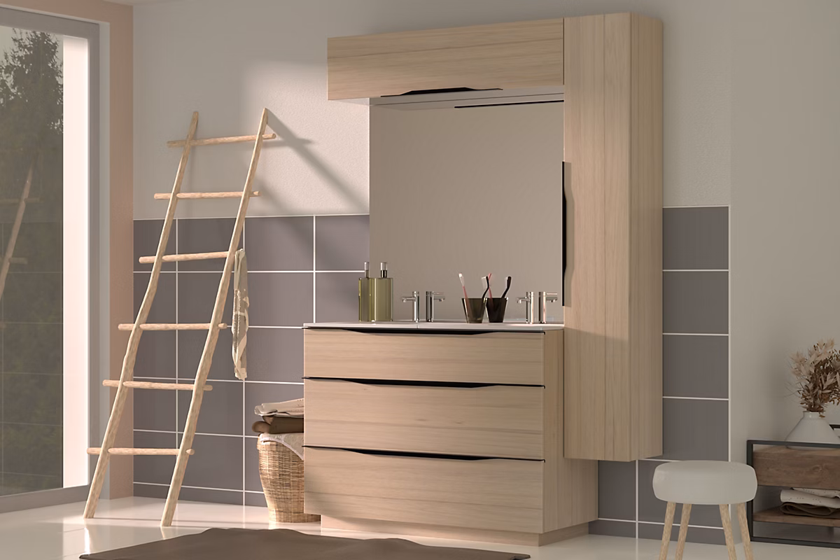 Meuble de salle de bains haut effet bois l.120 x H.30 x P.30 cm – Pamili