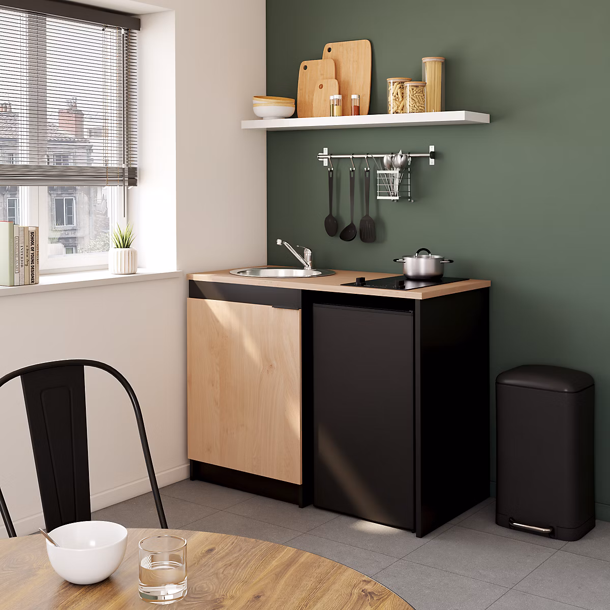 Kitchenette complète vitrocéramique noir et effet chêne H.94 – 2 x l.120 cm