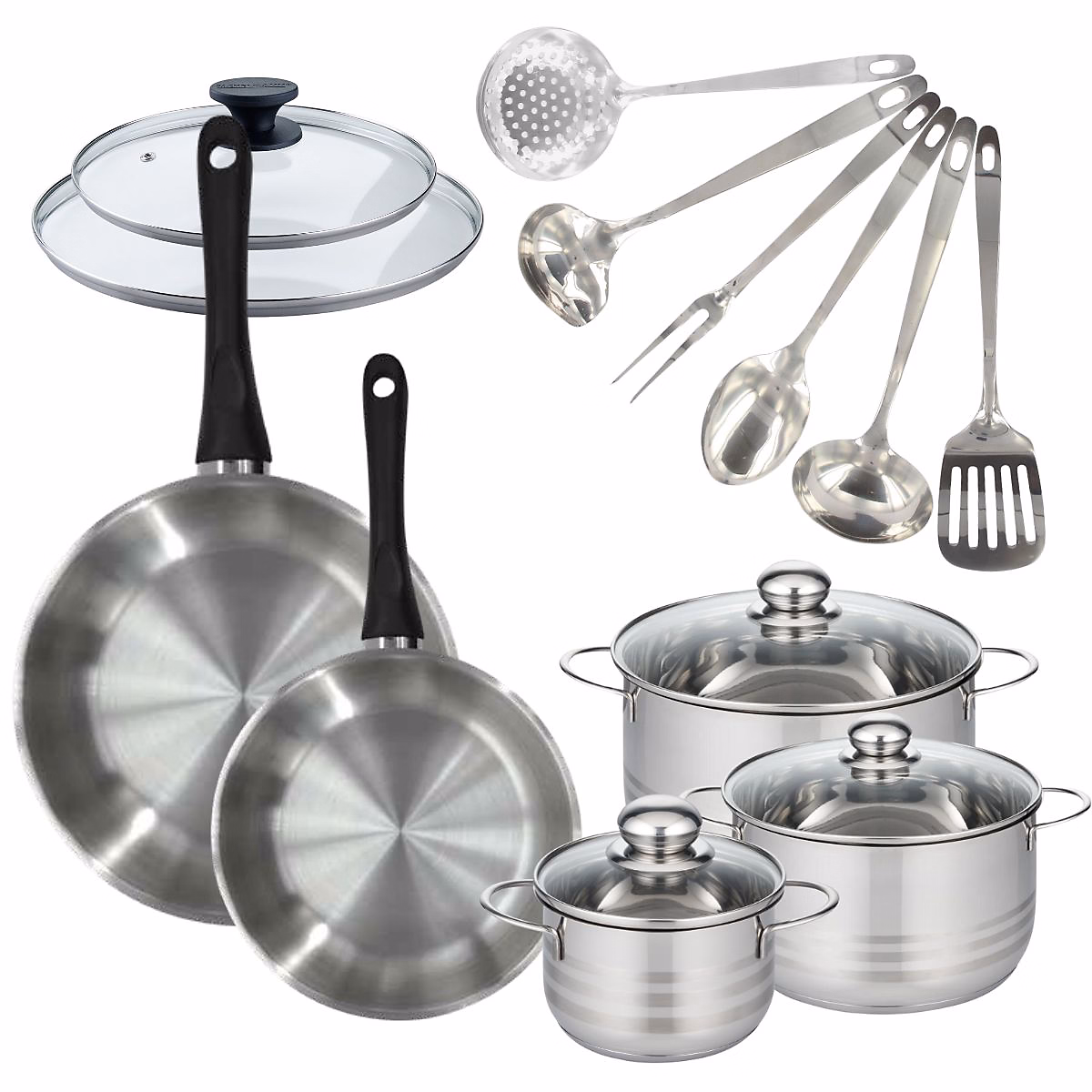 Batterie de cuisine 2 poêles 24/28 cm et couvercles – 3 faitouts 16/20/24 cm et 6 ustensiles Fackelmann Geneva