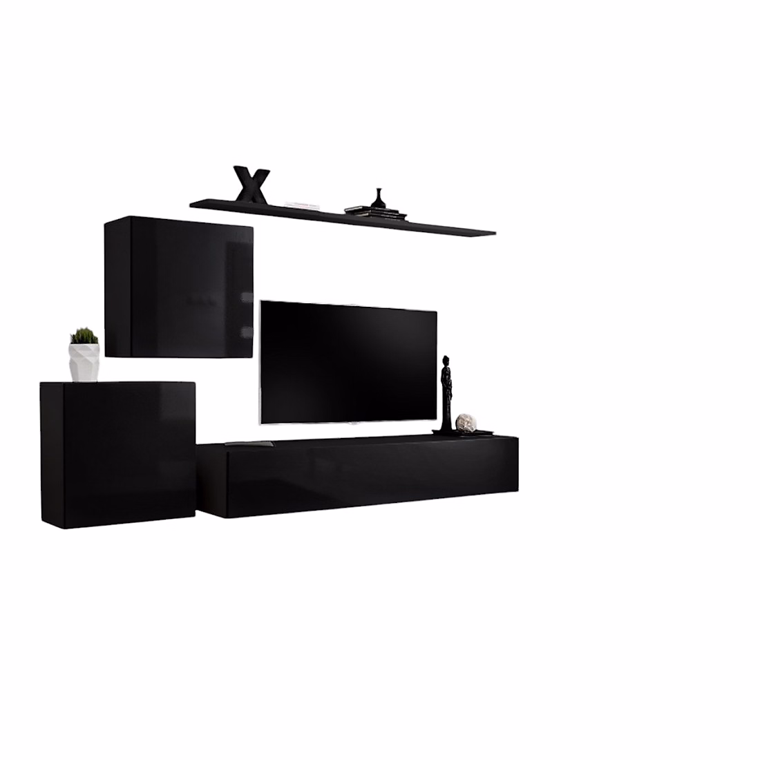 Composition murale SWITCH V Noir brillant Meuble TV – blocs suspendus et étagères Design moderne