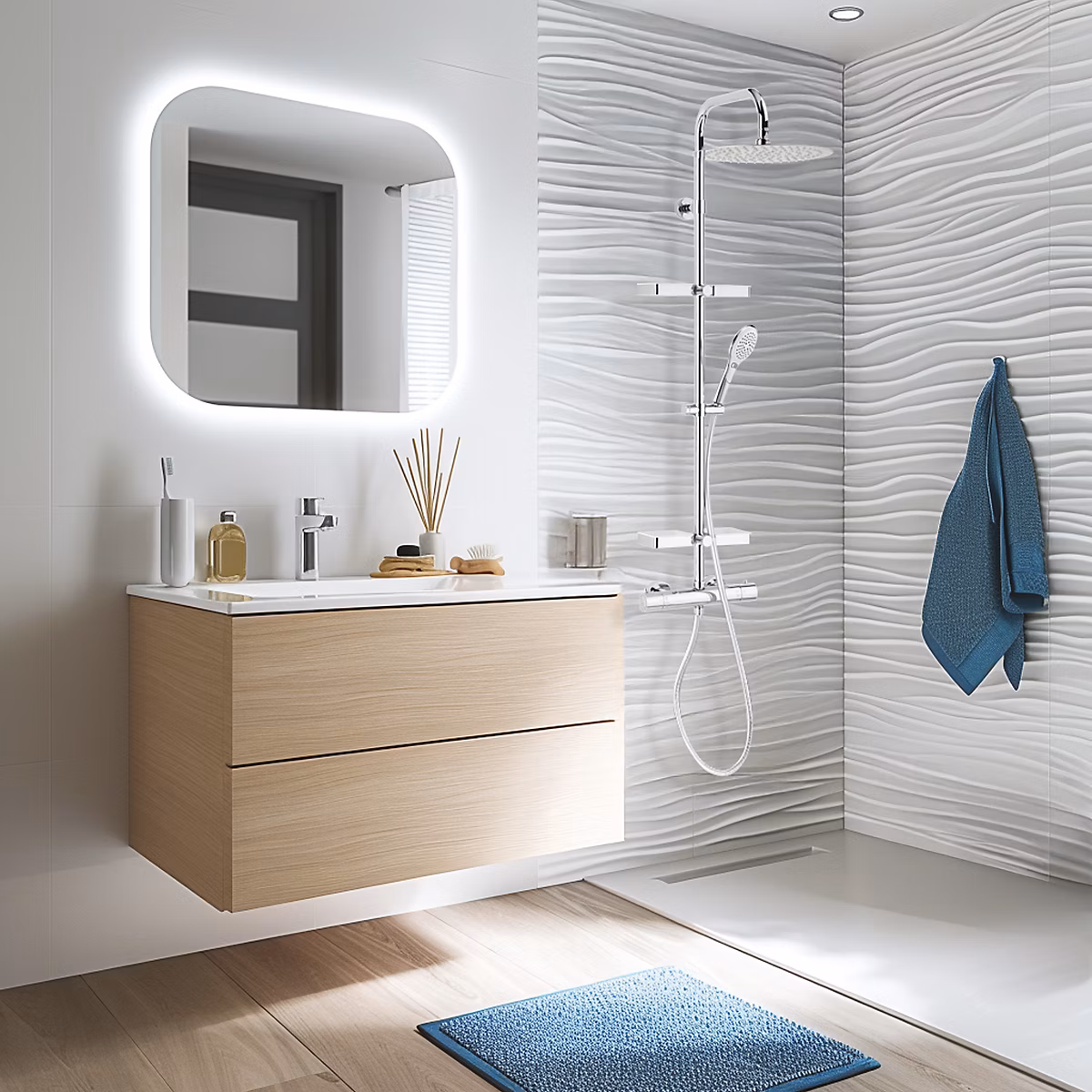 Colonne de douche thermostatique anti-brûlure avec tablette – pomme de tête ronde, douchette et flexible, chrome, Valentin Opium