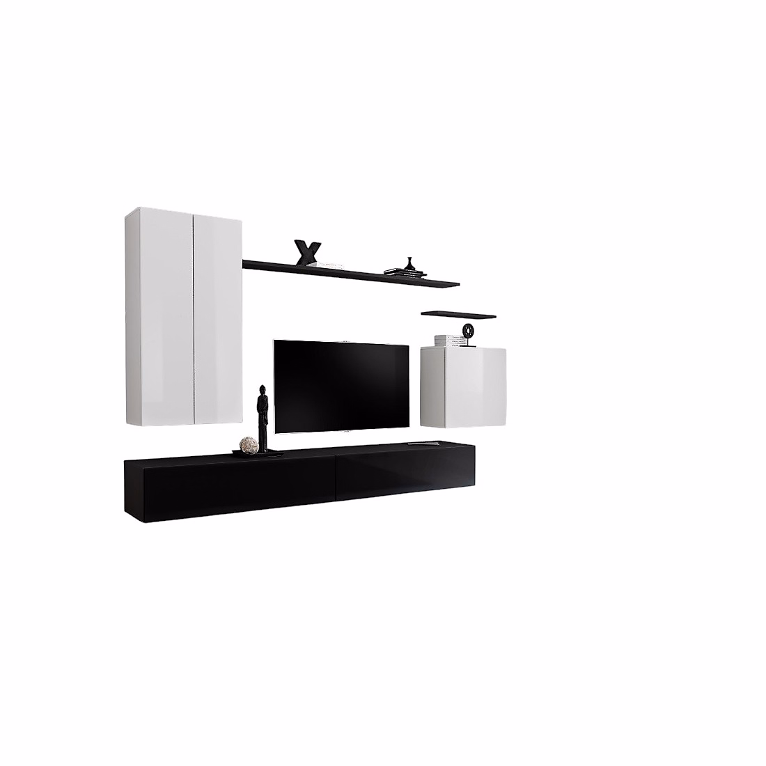 Composition murale SWITCH II Blanc et noir brillant Double meuble TV – armoires suspendues et étagères Design moderne