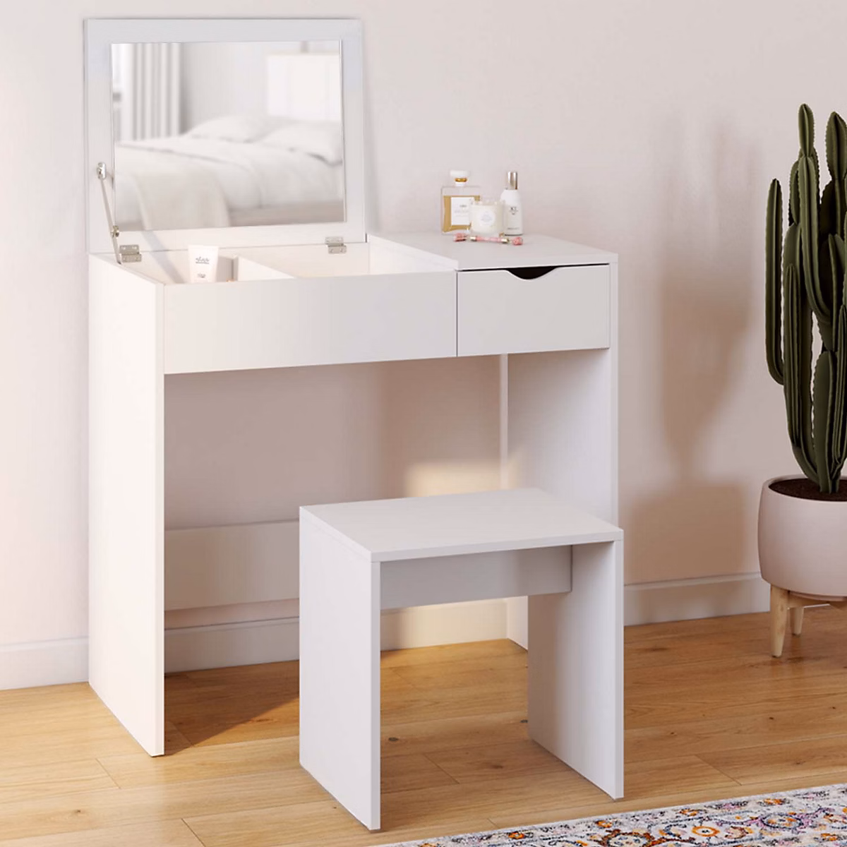 Meuble – Coiffeuse ZELIA miroir rabattable avec 1 tiroir et 1 tabouret