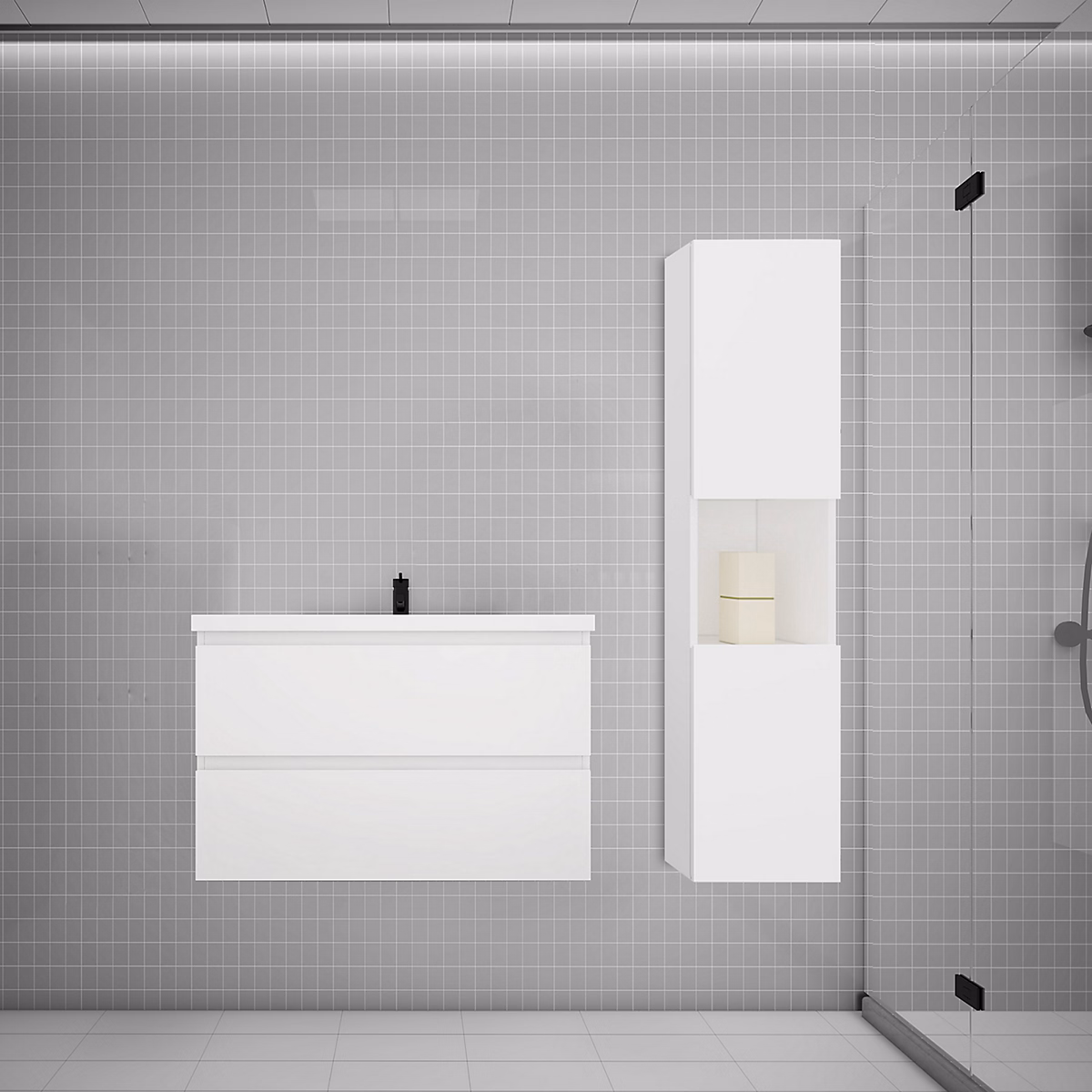 Ensemble meuble de salle de bains – Ensemble meuble vasque L.80cm blanc 2 tiroirs + lavabo + colonne