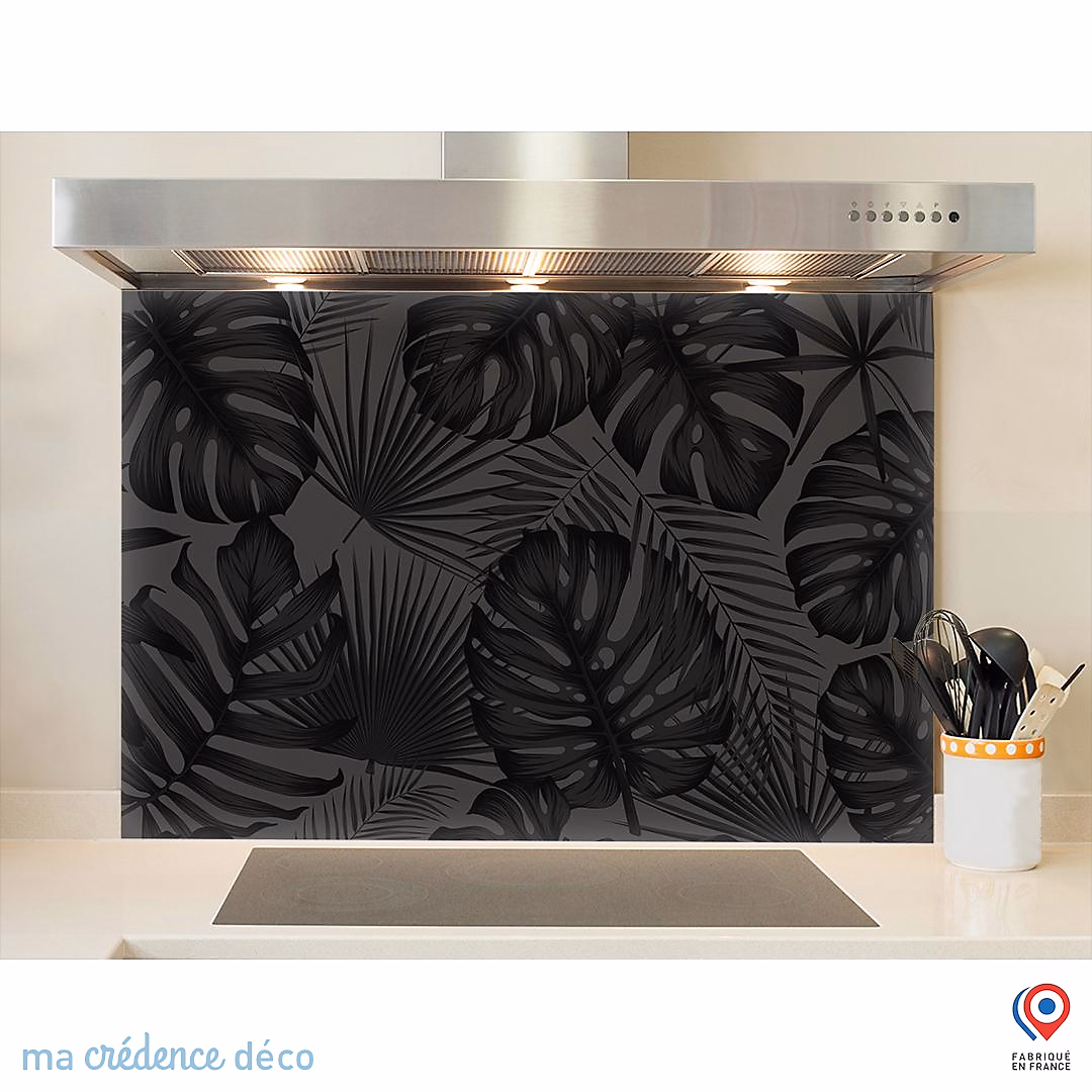Crédence cuisine fond de hotte feuillage tropicale noir – Verre trempé, L 60 cm x H 45 cm, MaCrédenceDéco
