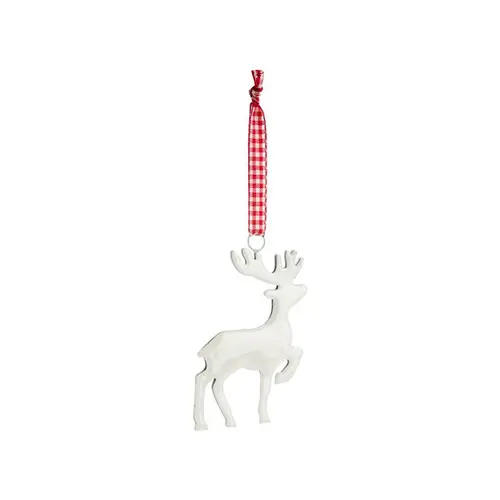 Décoration à suspendre renne en métal blanc avec nœud vichy rouge - 10 x 7 cm