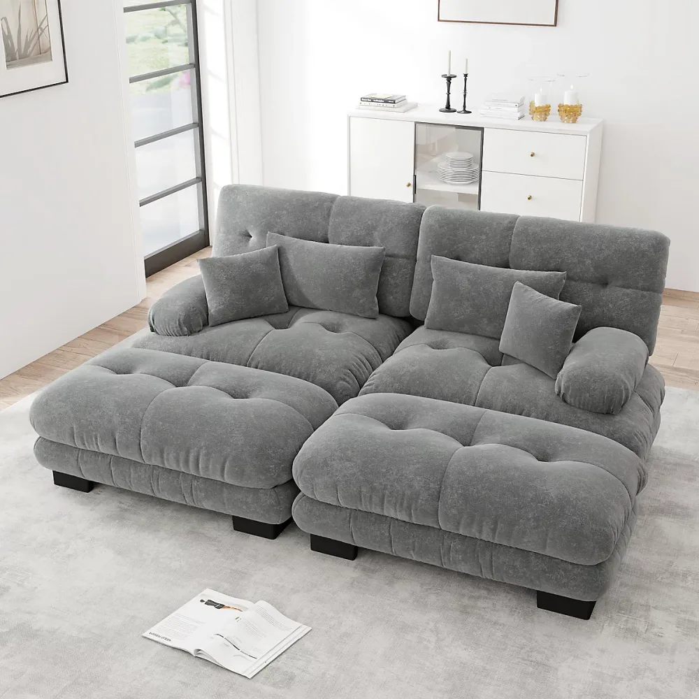 Canapé 2 places | canapé modulaire – 2 pouf – tissu Chenille – coussins Cloud – confort exceptionnel – structure en bois – Gris