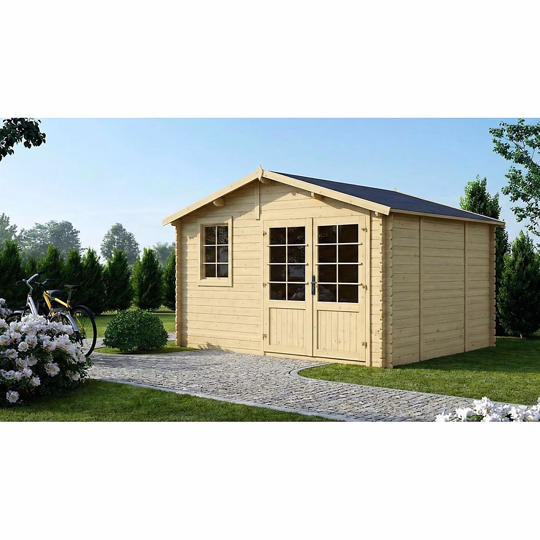 Abri de jardin en bois | 12m2 – 4 × 3m – Ep. 28mm – Couleur: naturel – DOM710