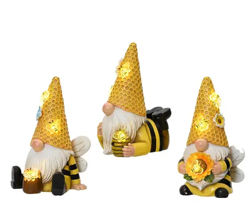 Figurine solaire décorative gnome abeille coloris blanc chaud - 9 x 9 x 17,5 cm