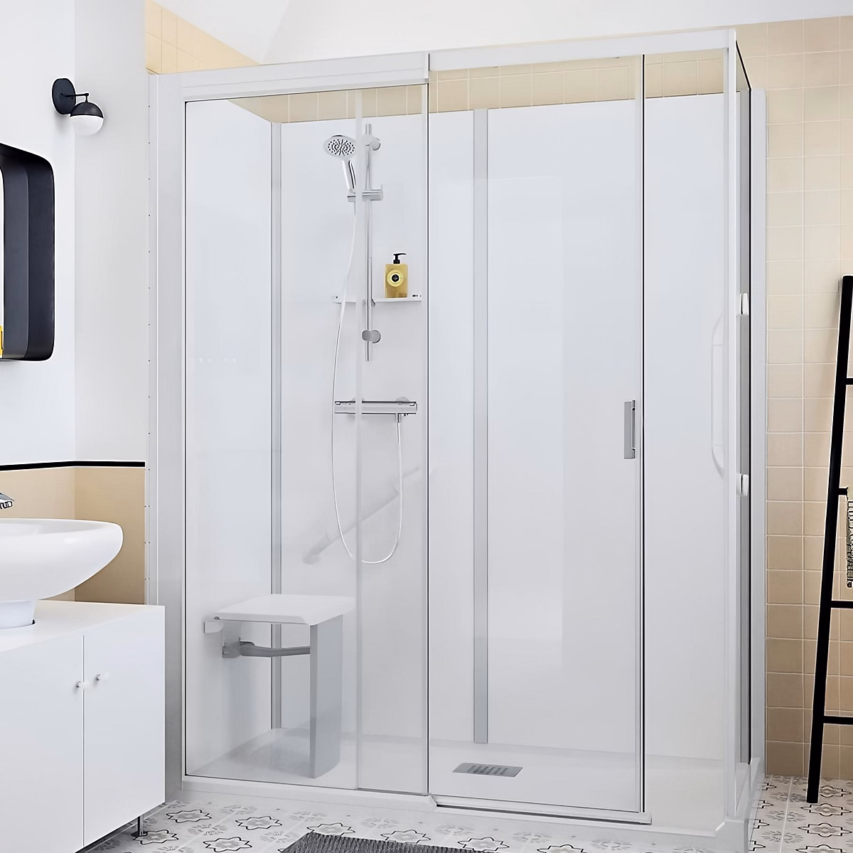 Cabine de douche d'angle KINEDO KINEMAGIC SERENITE Plus 100x70 habillage toute hauteur 1 coulissant verre trans. thermostatique | Cabine de douche