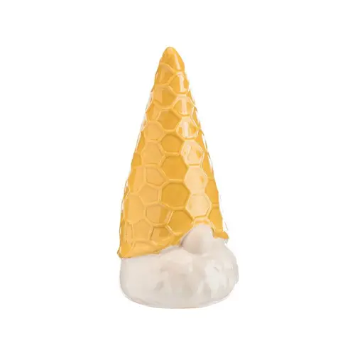 Gnome à poser en céramique à bonnet alvéolé jaune miel - 9,5 x 10 x 20 cm